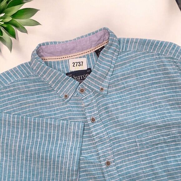 Visitor Other - Visitor Mens Blue Striped Linen Blend Woven Short Sleeve Button Up Shirt Size XL